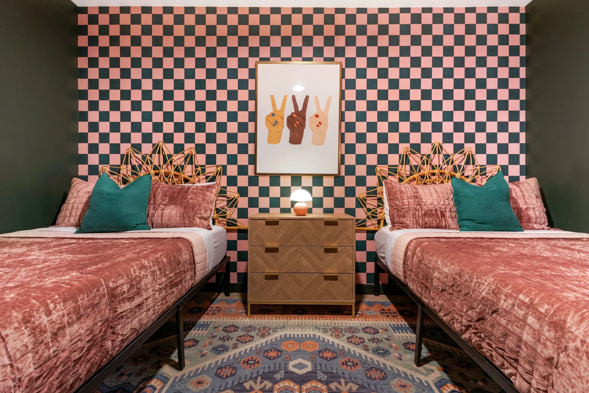 Checker room close-up with rattan headboards