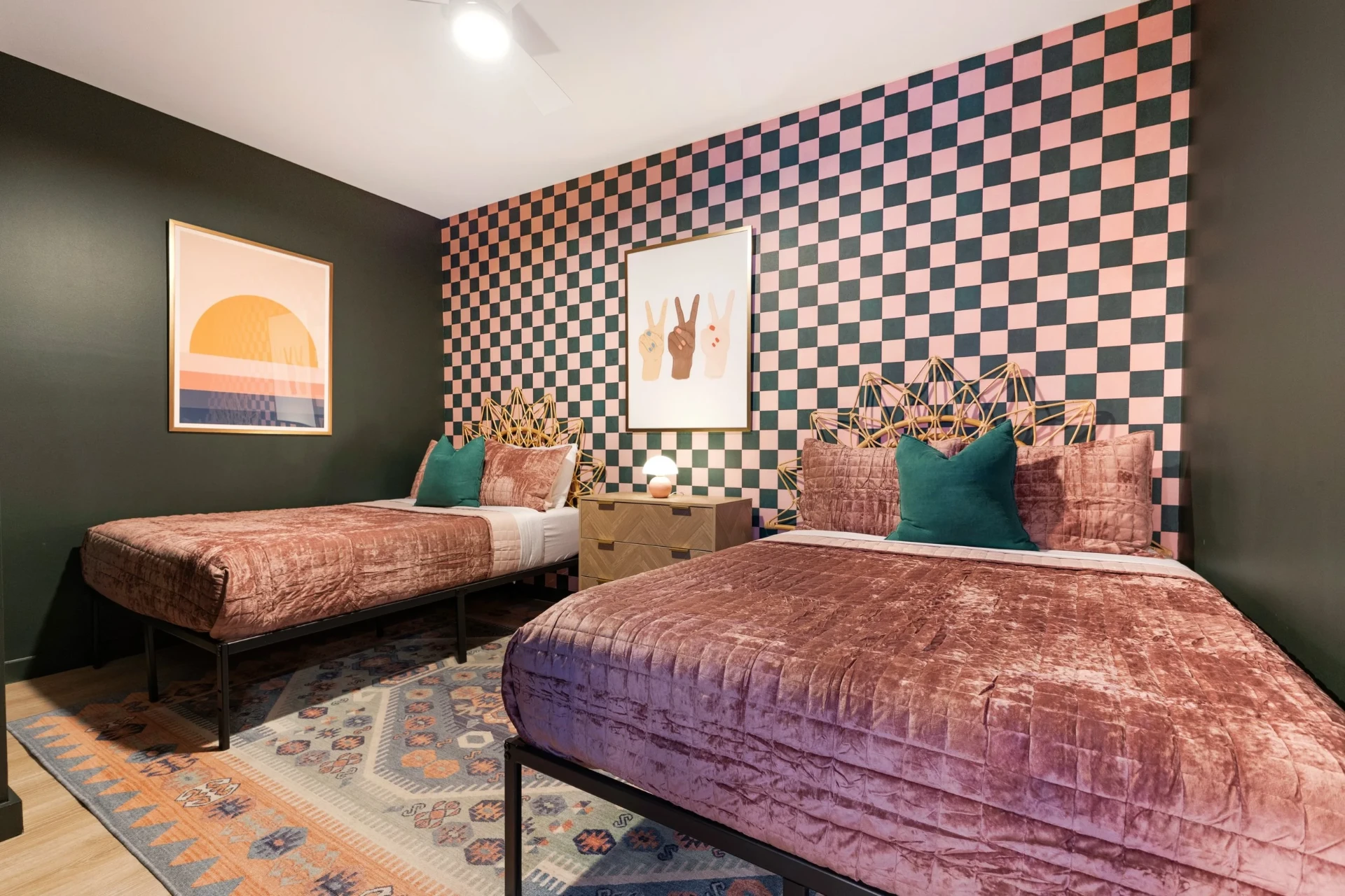 Checker room with two full beds