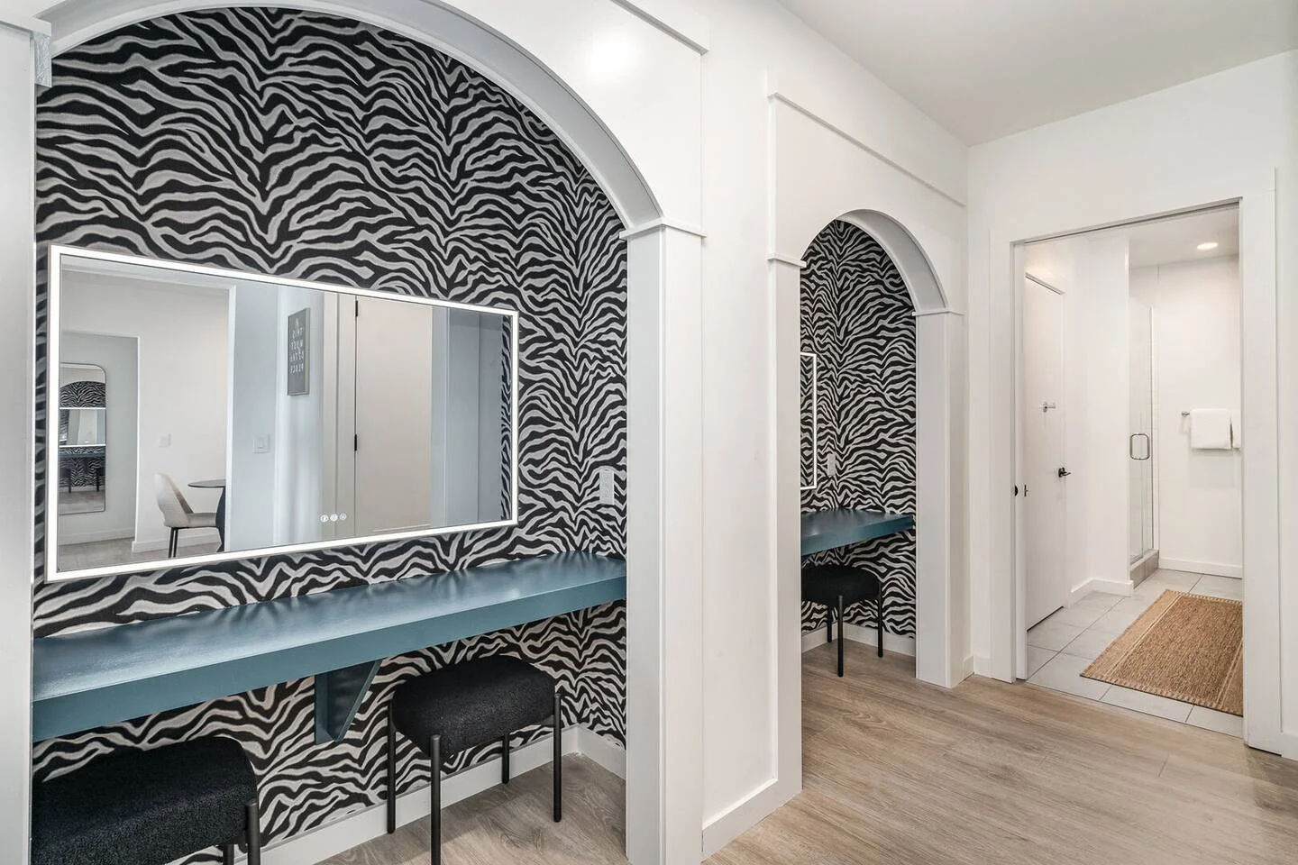 Zebra vanity nook with lighted mirror